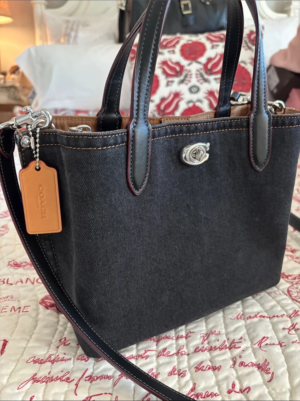 Authentic COACH Black Denim Willow Tote w Blk/Red Trimmed Leather